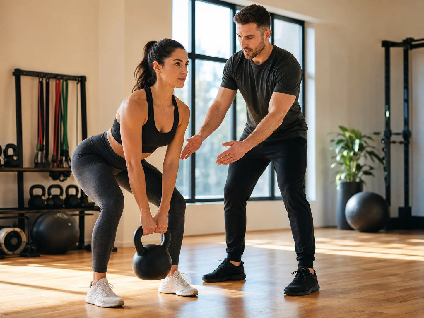 Personal trainer auxiliando aluno durante treino funcional no Studio Performance